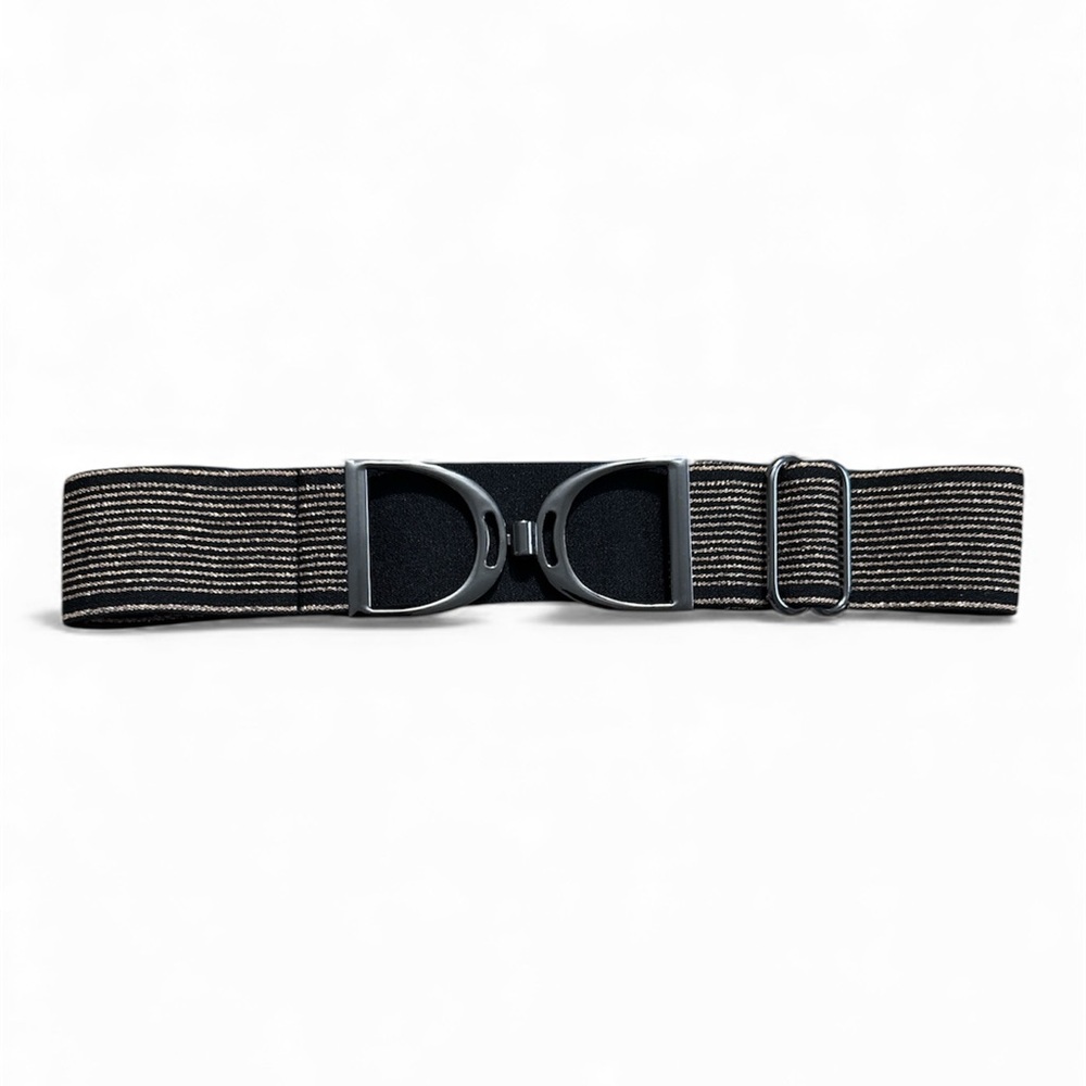 NWT Luxequine Black & Metallic Gold Striped Equestrian Belt w/ Gunmetal Buckle